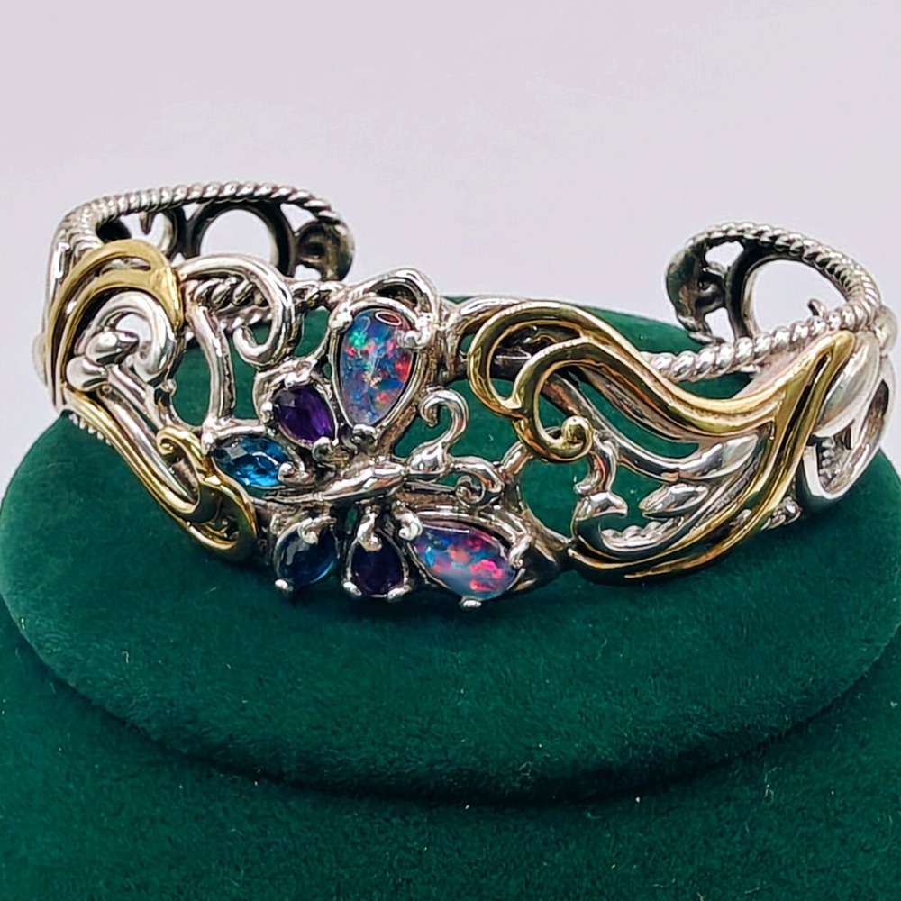 Sterling Silver 925 Black Opal Amethyst Blue Topaz Butterfly Cuff Bracelet 14k